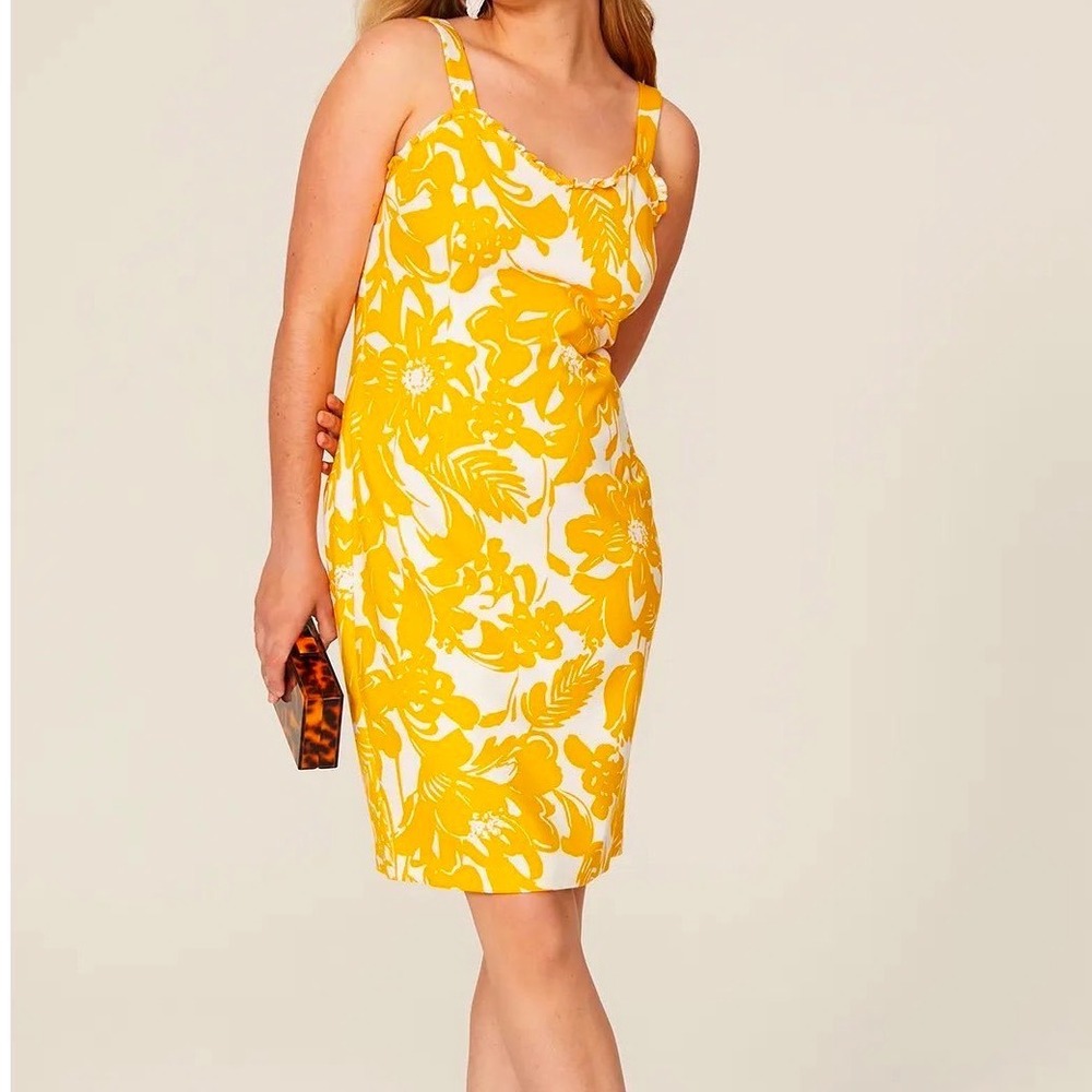 NWT Trina Turk Zile Sheath Dress Marigold White Floral Ruffle Knit Sleeveless 14